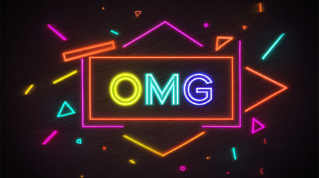 Vibrant neon sign displaying the text "OMG" surrounded by colorful geometric shapes. Perfect for dynamic designs, parties, and modern digital applications.の素材