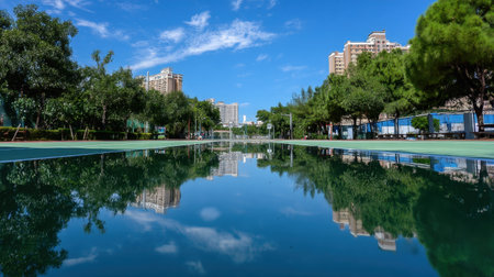 A tranquil tennis court reflecting surrounding trees and buildings, under a clear blue sky, perfect for showcasing peaceful outdoor recreation and urban nature.の素材