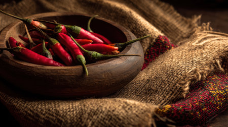 A beautiful arrangement of fresh red chilies in a rustic wooden bowl, placed on textured fabric, showcasing the vibrant colors and natural appeal of the ingredient.の素材