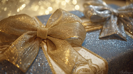 Close-up of elegantly wrapped gift boxes adorned with golden bows, resting on a softly shimmering background, perfect for celebrating special occasions and creating joyful moments.の素材