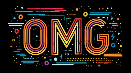Eye-catching and vibrant design featuring the word "OMG" in neon lights surrounded by playful shapes, perfect for conveying excitement and joy in modern graphics.の素材