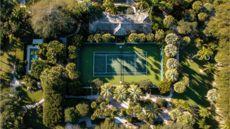 Stunning aerial view showcasing a tennis court nestled in a vibrant garden, surrounded by lush greenery and palm trees, perfect for relaxation and leisure.の素材