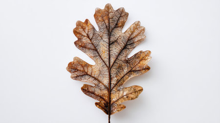 A detailed close-up of a brown dried oak leaf showcasing intricate veins against a clean white background, perfect for nature-themed projects and designs.の素材