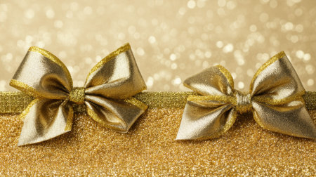 Two elegant gold bows sit atop a shimmering gold background, perfect for enhancing gifts and decorations. Ideal for celebrating special occasions with style.の素材