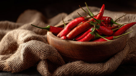 A stunning arrangement of fresh red chilies in a wooden bowl resting on a textured burlap fabric, capturing the essence of vibrant ingredients in cooking.の素材
