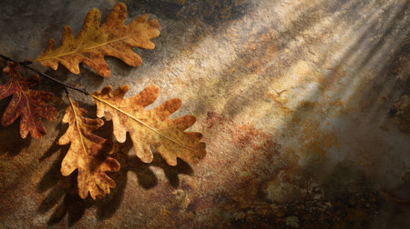 Beautiful autumn oak leaves rest on a rustic surface, illuminated by gentle sunlight. The interplay of light and shadow creates a serene atmosphere, capturing the essence of fall.の素材