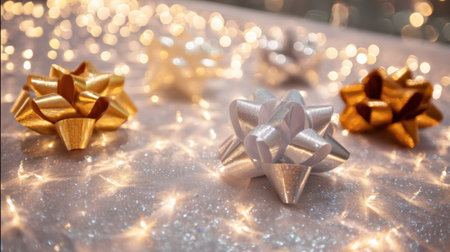 Beautifully arranged decorative gift bows in gold, silver, and multiple styles atop a sparkling background, ideal for enhancing celebrations and special occasions.の素材