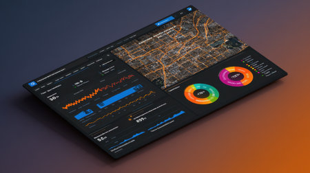 Modern data visualization dashboard showcasing geographic data with interactive metrics. Ideal for business analysis, performance monitoring, and reporting needs.の素材