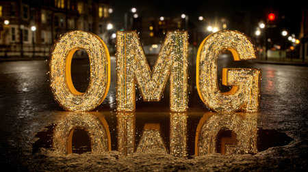 A vibrant nighttime scene showcasing a glowing OMG sign reflecting on wet pavement, creating a captivating visual experience in an urban environment.の素材