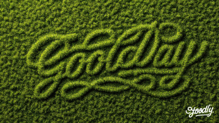 Enjoy a fresh and vibrant text design crafted from lush green grass. This artistic representation of the phrase "Good Day" embodies nature's beauty and freshness.の素材