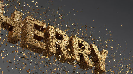 Captivating 3D gold text effect surrounded by floating confetti particles, perfect for celebrations, announcements, and festive designs. Energetic and vibrant!の素材