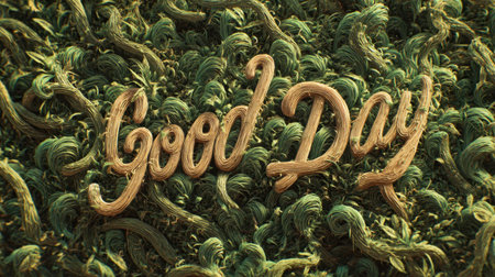 A vibrant depiction of the phrase "Good Day" crafted in an artistic typography, surrounded by lush green foliage, promoting feelings of inspiration and positivity.の素材