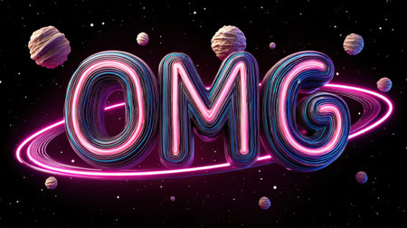 Vibrant 3D text "OMG" in a cosmic setting with colorful planets and striking neon effects. Perfect for designs that spark excitement and imagination.の素材