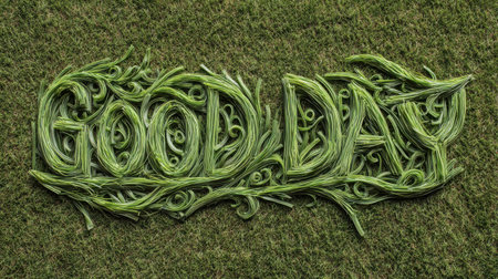 This artistic composition features lush green letters spelling 'Good Day,' crafted from natural grass. It evokes positivity and a connection to nature.の素材