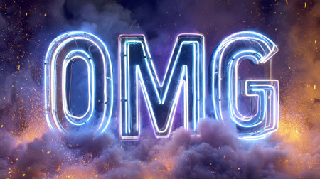 A striking neon sign displaying the text OMG, surrounded by colorful explosions and clouds, creating a vibrant and dynamic atmosphere perfect for celebrations.の素材