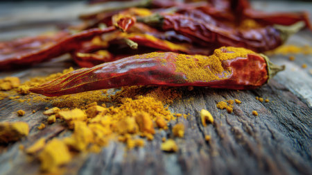 Vibrant red dried chili peppers scattered with turmeric powder on a rustic wood surface. Ideal for culinary themes and spice-related projects.の素材