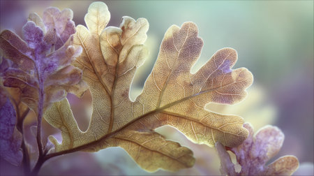 Close-up of an oak leaf displaying intricate details and soft lighting. The gentle colors create a serene ambiance, perfect for nature-inspired themes or seasonal projects.の素材