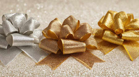 A stunning arrangement of decorative gift bows in silver, gold, and bronze shades resting on a sparkling glitter background, perfect for festive celebrations and gift wrapping.の素材