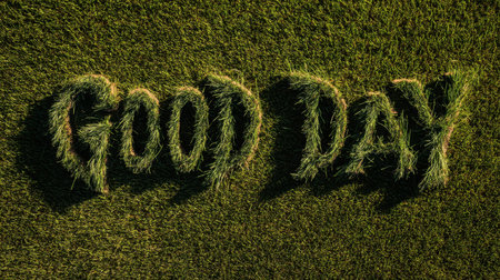 An artistic arrangement of fresh green grass forming the words "Good Day," showcasing a vibrant outdoor setting with a positive message and natural beauty.の素材