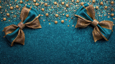 Elegant teal and gold bows rest atop a sparkling glitter background, creating a stunning visual for festive decorations or special events. Perfect for any celebration!の素材