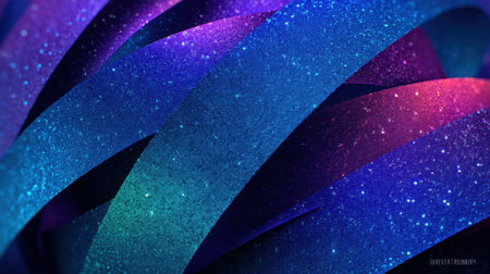 Close-up of vibrant ribbons featuring a shimmering glitter effect. The colorful ranges of blue, purple, and magenta create an abstract design perfect for artistic projects.の素材