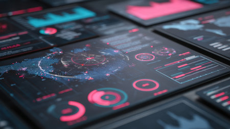 A modern digital dashboard featuring analytical graphs and data visualizations. Ideal for technology, business, and analytics contexts, showcasing insights and metrics.の素材