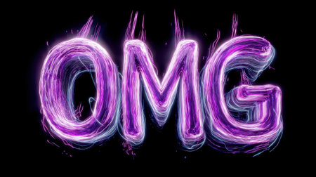 Stunning neon text art representing the expression "OMG" in vibrant purple hues, surrounded by dynamic light trails against a dark background. Perfect for digital and creative projects.の素材