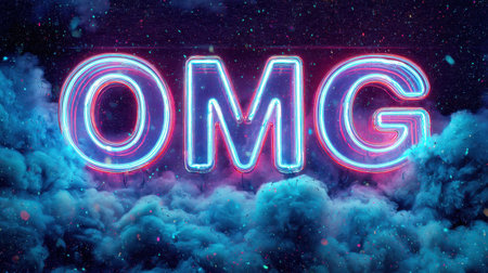 A vibrant neon sign displaying the word "OMG" surrounded by colorful smoke, creating a modern and artistic atmosphere perfect for parties and celebrations.の素材