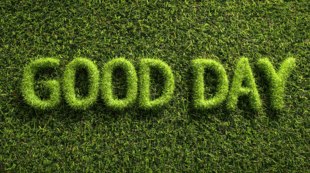 A vibrant green grass surface creatively forms the text "Good Day," conveying positivity and motivation. Ideal for uplifting themes in nature contexts.の素材