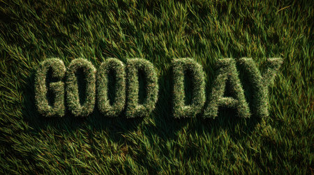 A vibrant display of grass forming the words "Good Day" against a lush green background, symbolizing positivity and connection to nature. Perfect for uplifting themes.の素材