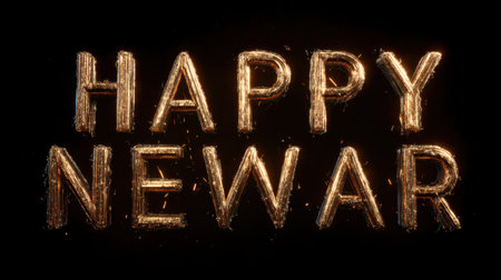 Stunning visual of "Happy New Year" in sparkling golden letters, perfect for festive greeting cards or celebratory events. Captures joy and excitement of a new beginning.の素材
