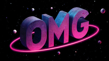 A visually striking design featuring vibrant 3D text "OMG" surrounded by cosmic elements. Ideal for creative projects exploring excitement and fun in a colorful universe.の素材