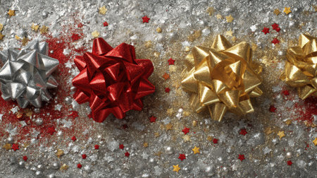 Vibrant gift bows in silver, red, and gold rest on a glittery surface, creating a festive atmosphere perfect for holiday celebrations and joyful events.の素材