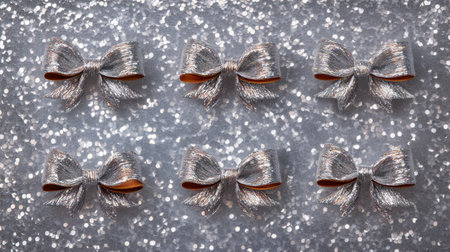 A stunning display of silver decorative bows set against a sparkling background, perfect for enhancing festive occasions and celebrations.の素材