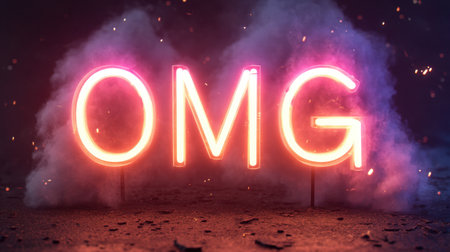 A vibrant neon sign displaying "OMG" surrounded by colorful smoke in a dark setting. Perfect for expressing excitement and creativity in digital art or marketing.の素材