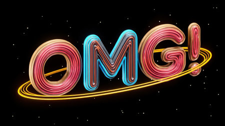 Bright and colorful neon text reading "OMG!" illuminated against a starry background. Perfect for adding excitement and energy to creative projects.の素材