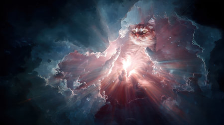 A stunning depiction of a cat emerging from a vibrant nebula, encapsulating the beauty of cosmic elements in a dreamlike landscape full of light and colors.の素材