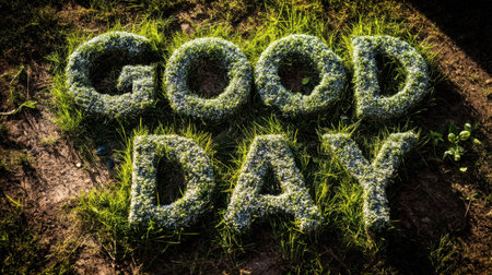 Fresh green grass forms the cheerful message "Good Day" on soil, showcasing nature's beauty. Ideal for themes of positivity, outdoor life, and inspiration.の素材