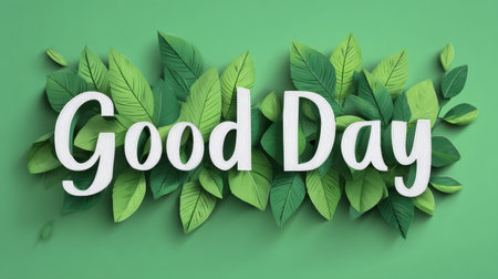 Bright and vibrant design featuring the words "Good Day" in a playful font surrounded by lush green leaves, perfect for conveying positivity and freshness.の素材