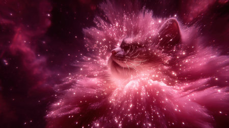 This captivating image features a cat surrounded by vibrant pink cosmic elements, blending fantasy and beauty in a stunning visual experience.の素材