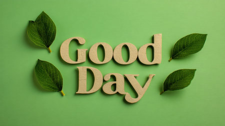 A charming display featuring the words "Good Day" crafted from wood, surrounded by fresh green leaves. This design embodies positivity and natural beauty.の素材