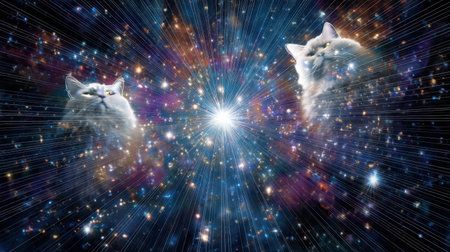 Two cats float in a vibrant cosmic scene filled with stars and nebulae. This imaginative artwork captures a whimsical blend of space and feline charm.の素材