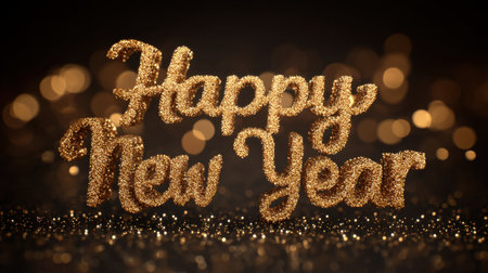 This vibrant and sparkling "Happy New Year" sign showcases a festive design, perfect for celebration themes. The dazzling golden letters radiate joy against a soft bokeh backdrop, symbolizing new beginnings and festive spirit.の素材