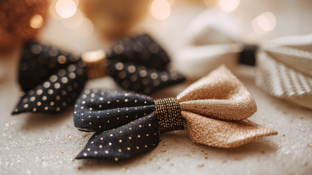 A collection of elegant decorative bows in various colors and textures, perfect for crafting and design projects. Enhance any occasion or celebration with these stylish accessories.の素材