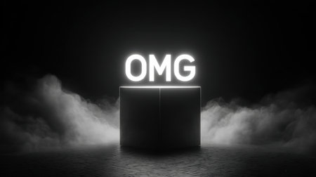 A striking illuminated "OMG" sign rests on a cube amidst a dark, smoky environment. This dramatic scene captures attention through contrast and illumination, evoking emotion and creativity.の素材