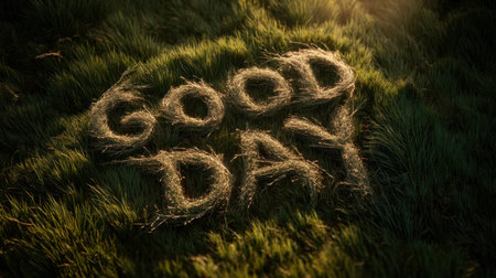 A cheerful good day message made from grass laid on a sunlit meadow. This image captures the essence of positivity and natural beauty, ideal for uplifting themes.の素材