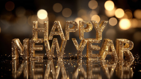 A stunning golden text displays "Happy New Year" against a blurred glitter background. Perfect for holiday greetings and celebratory themes.の素材