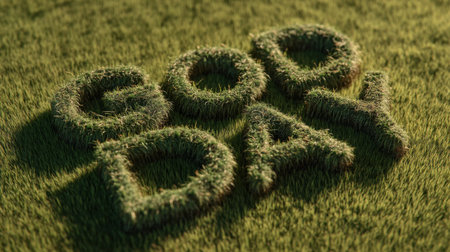 A creative representation of the phrase "Good Day" crafted from lush green grass on a vibrant outdoor lawn. Ideal for themes of positivity and nature.の素材