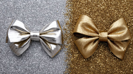 Two elegant bows in silver and gold sit on contrasting glittery backgrounds, showcasing luxury and style for decorations, gifts, or crafts. Perfect for celebrations.の素材