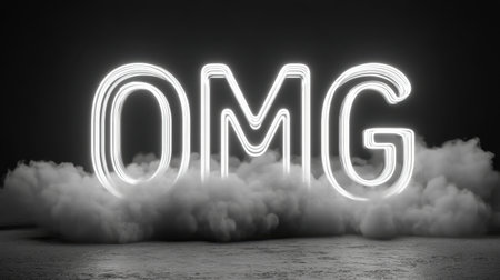 A stunning neon sign featuring the text "OMG" surrounded by a mystical fog. Perfect for conveying emotions, excitement, and creativity in any visual project.の素材